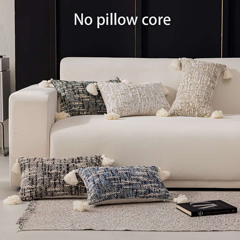 1 PIEZA - Funda de cojín bohemio vintage con franjas y borlas disponible en 5 colores. Diseño reversible en chenilla, Poliéster 100%, 30x50cm