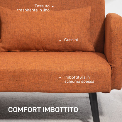 Sofá de dos plazas estilo moderno convertible en cama - Tejido efecto lino color coral, con reposabrazos y respaldo ajustables, incluye 2 cojines