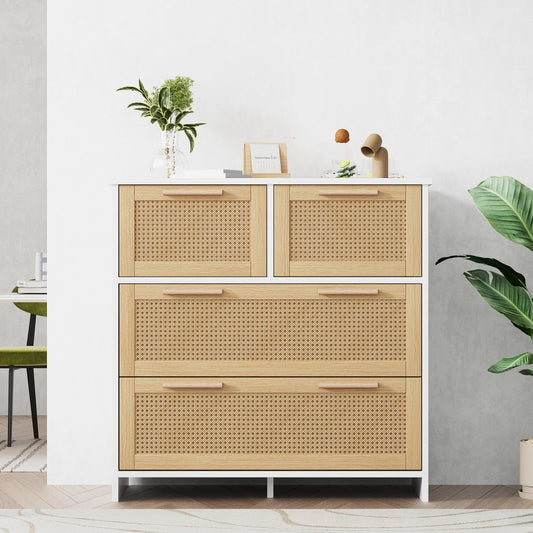Gabinete organizador de baño estilo natural con puertas de ratán – Madera en tono natural