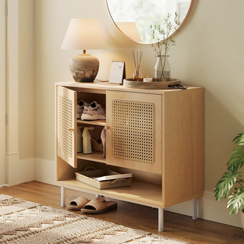 Zapatero de estilo boho con 3 niveles, puertas de ratán y estante ajustable - Madera y patas de acero