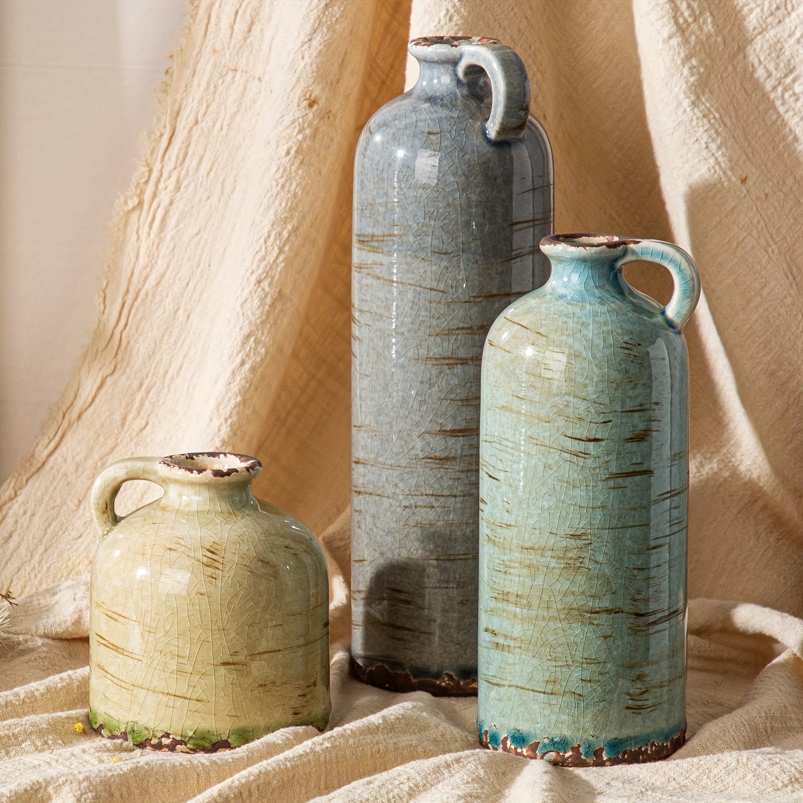 3 PIEZAS - Conjunto de 3 jarrones de cerámica estilo boho vintage - Diseño texturizado y brillante, disponible en mix aqua y blanco