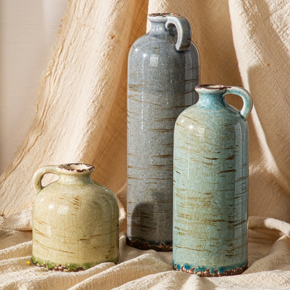 3 PIEZAS - Set de 3 jarrones de cerámica estilo boho vintage - Diseño texturizado y brillante, disponible en mix aqua y blanco