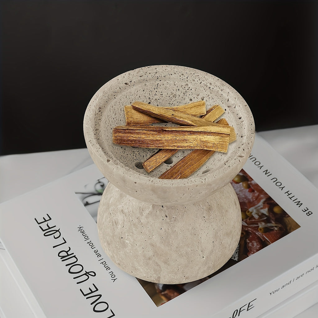 Porta Incienso de travertino natural y base de madera - Diseño esférico Hecho a Mano y base hexagonal