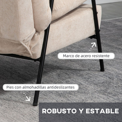 Sillón Lounge de estilo moderno con respaldo reclinable, reposabrazos y reposapiés - Tapizado en pana beige y estructura de acero en negro