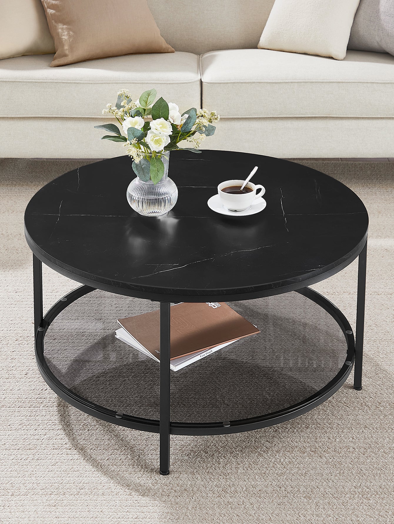 Mesa de centro redonda de estilo moderno disponible en tres variantes - Mármol de imitación, estante de vidrio templado y estructura metálica