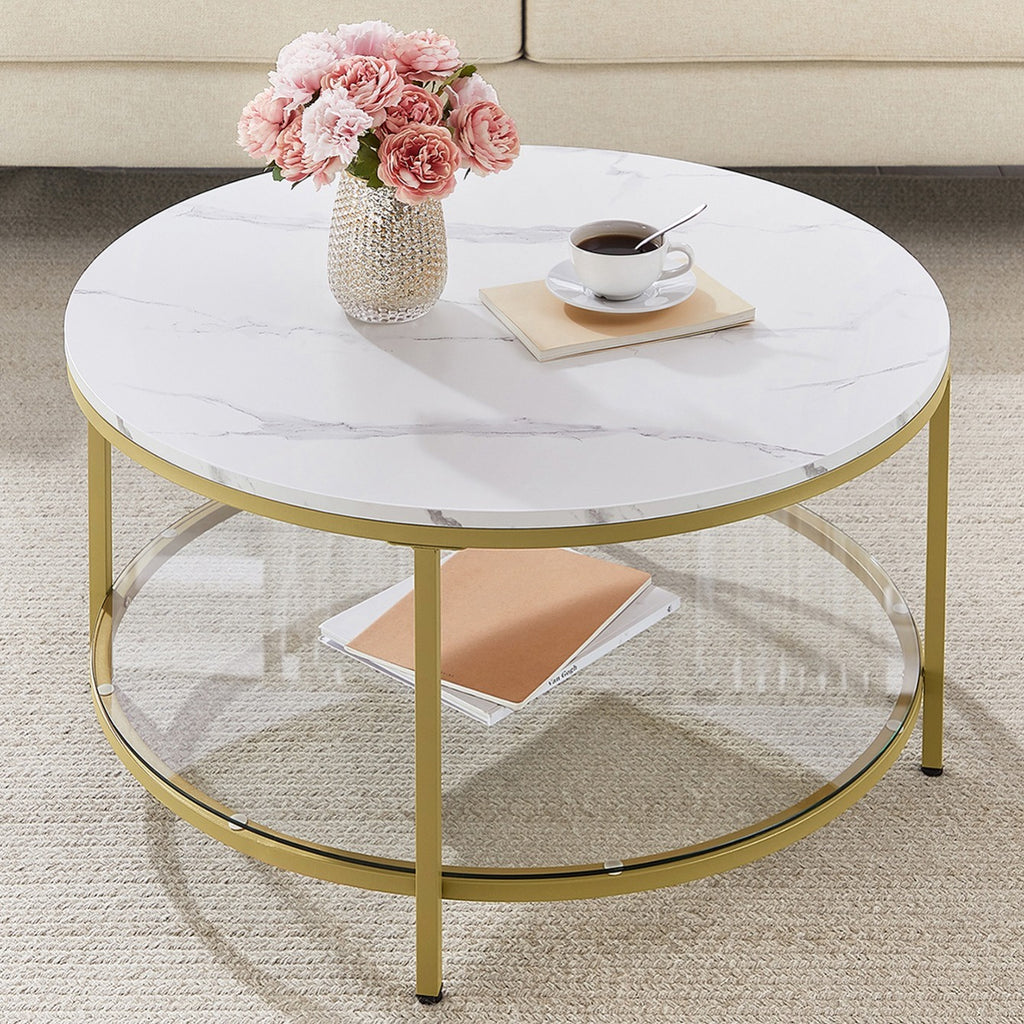 Mesa de centro redonda de estilo moderno disponible en tres variantes - Mármol de imitación, estante de vidrio templado y estructura metálica