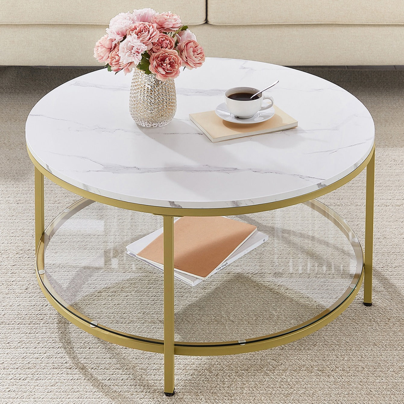 Mesa de centro redonda de estilo moderno disponible en tres variantes - Mármol de imitación, estante de vidrio templado y estructura metálica