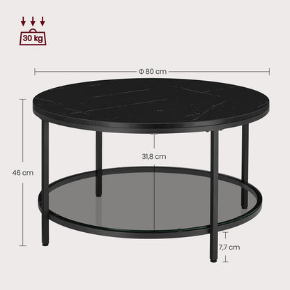 Mesa de centro redonda de estilo moderno disponible en tres variantes - Mármol de imitación, estante de vidrio templado y estructura metálica