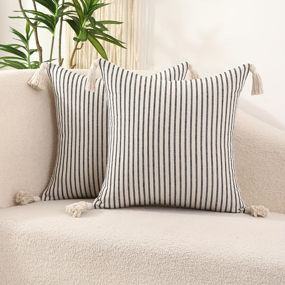 2 PIEZAS – Conjunto de 2 fundas de cojín estilo tradicional con patrón a rayas y borlas decorativas, disponible en 5 colores – 100% poliéster tejido, 45x45cm