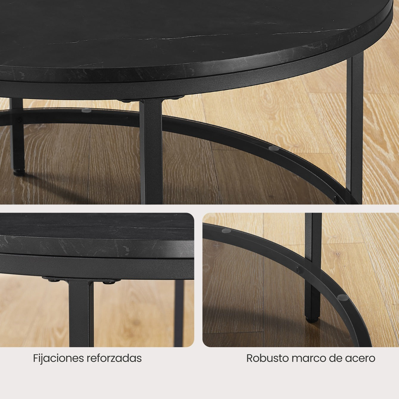Mesa de centro redonda de estilo moderno disponible en tres variantes - Mármol de imitación, estante de vidrio templado y estructura metálica