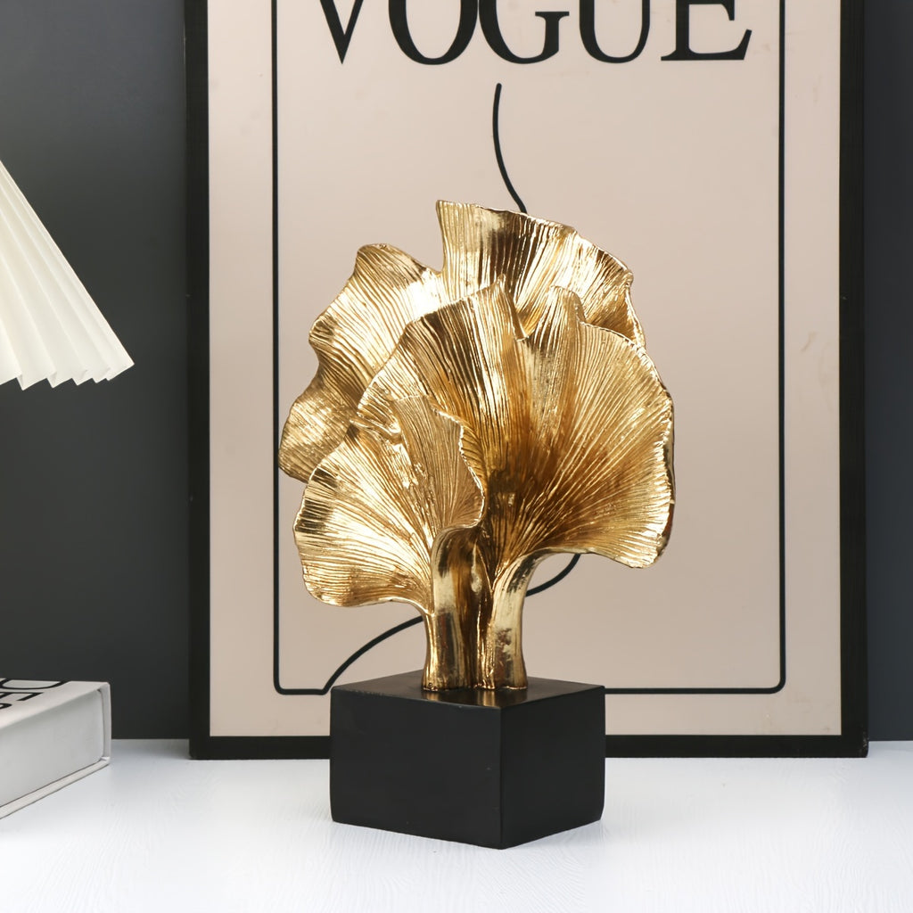 Escultura decorativa en resina - 3 Hojas de Ginkgo abstracta en dorado, arte elegante para interior