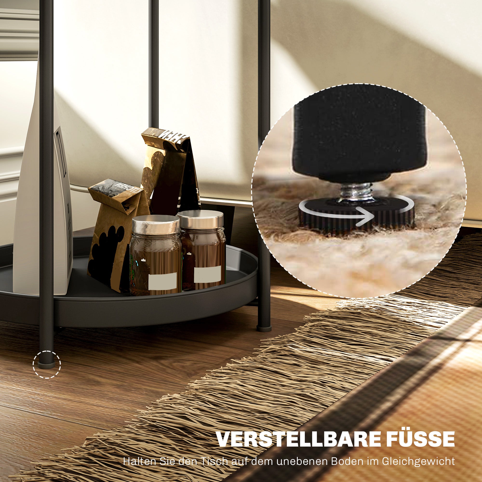 Mesa lateral / auxiliar para salón o dormitorio con 2 niveles estilo industrial / contemporáneo - Mesa redonda de café con patas ajustables - Estructura de metal negro 44x44x56cm