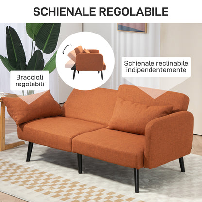 Sofá de dos plazas estilo moderno convertible en cama - Tejido efecto lino color coral, con reposabrazos y respaldo ajustables, incluye 2 cojines