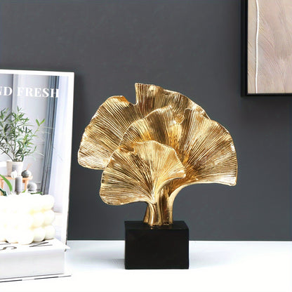 Escultura decorativa en resina - 3 Hojas de Ginkgo abstracta en dorado, arte elegante para interior