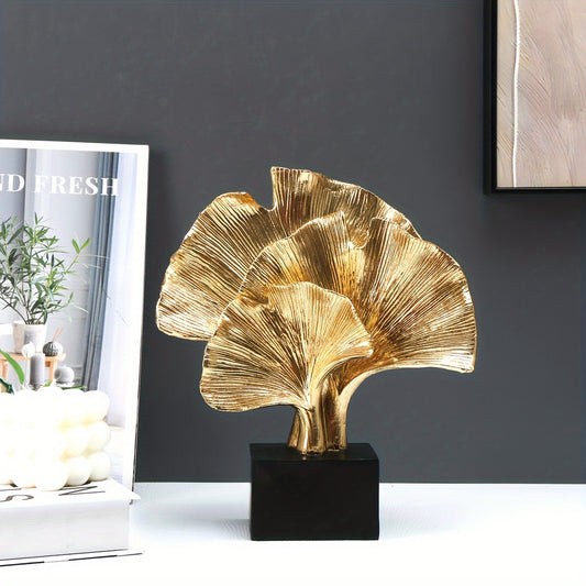 Escultura decorativa en resina - 3 Hojas de Ginkgo abstracta en dorado, arte elegante para interior