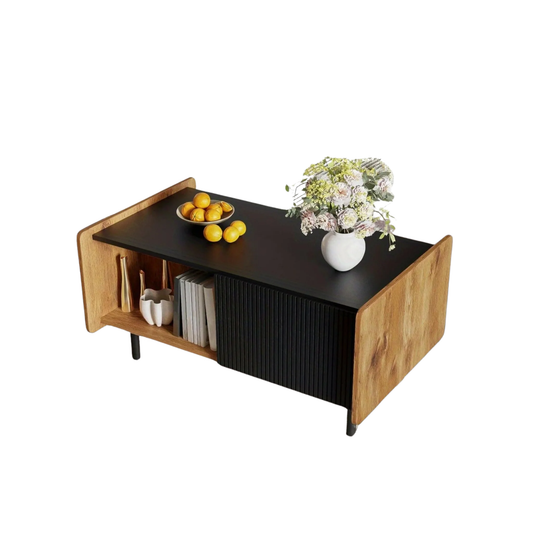 Mesa de centro estilo moderno / vintage - Diseño clásico con almacenamiento abierto y oculto, 55x90x45.5 cm - Madera marrón y negro