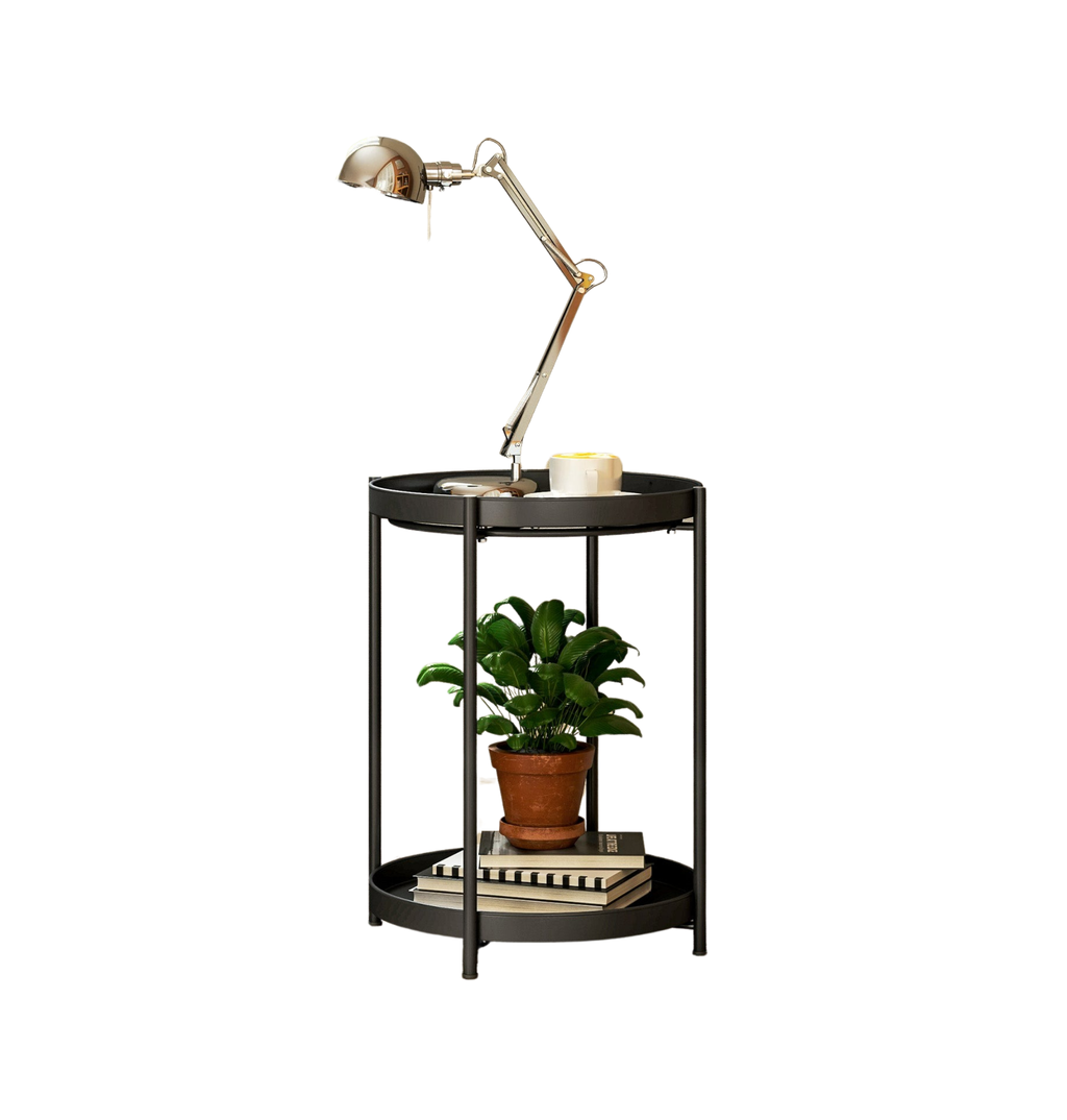 Mesa lateral / auxiliar para salón o dormitorio con 2 niveles estilo industrial / contemporáneo - Mesa redonda de café con patas ajustables - Estructura de metal negro 44x44x56cm