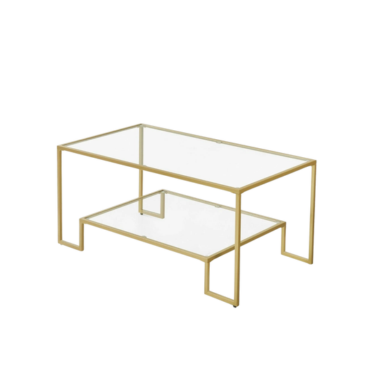 Mesa de centro con dos niveles para sala de estar o salón estilo vintage / contemporáneo - Sobre de vidrio y estructura metálica dorada