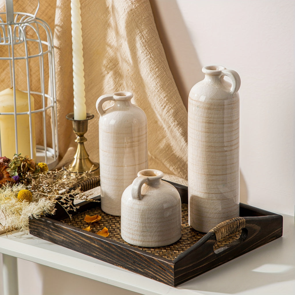 3 PIEZAS - Conjunto de 3 jarrones de cerámica estilo boho vintage - Diseño texturizado y brillante, disponible en mix aqua y blanco