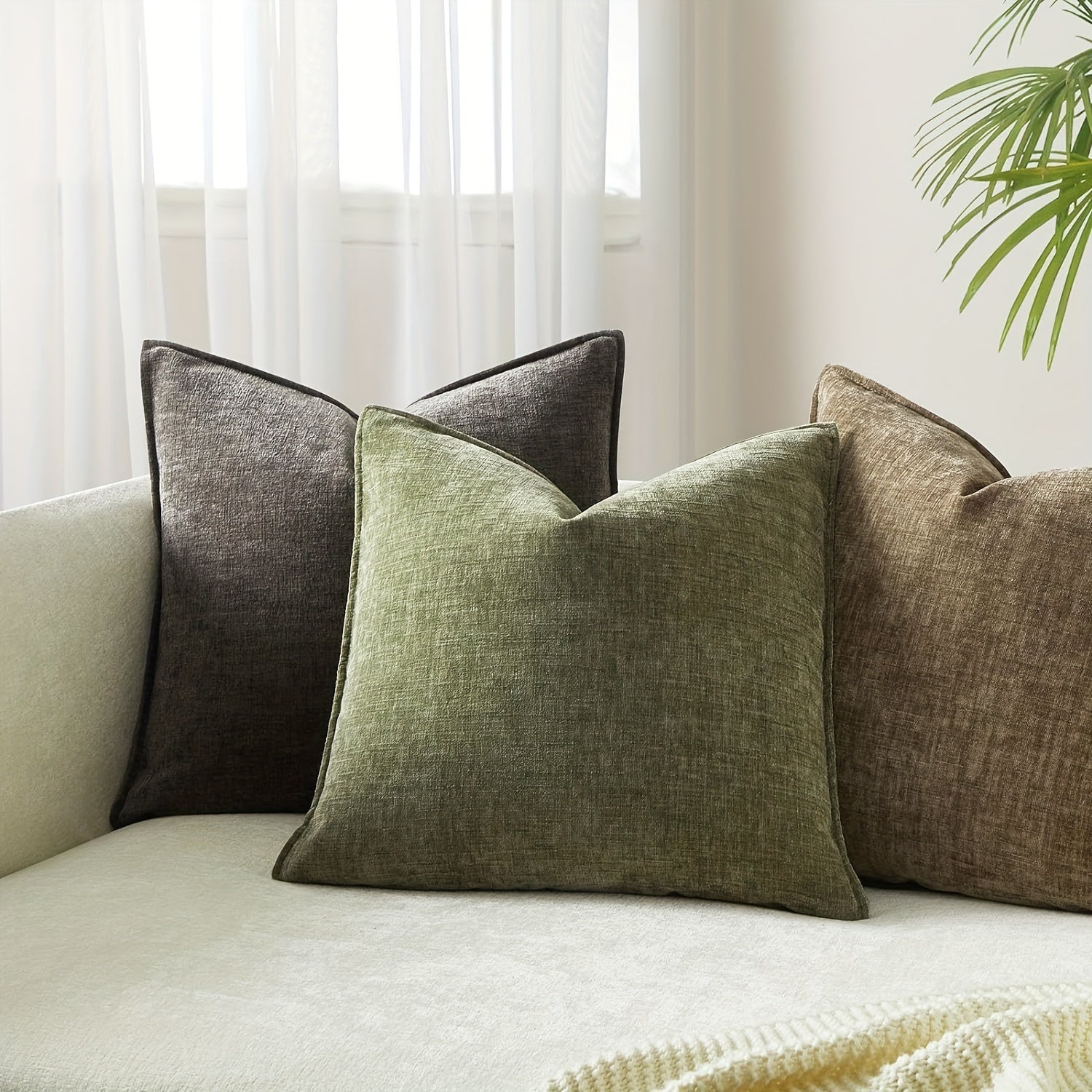 ¡CASI AGOTADO! 1 PIEZA - Funda de cojín en chenilla estilo boho vintage, suave y acogedora disponible en 2 colores. Diseño de color sólido, poliéster 100% efecto lino, 45x45cm