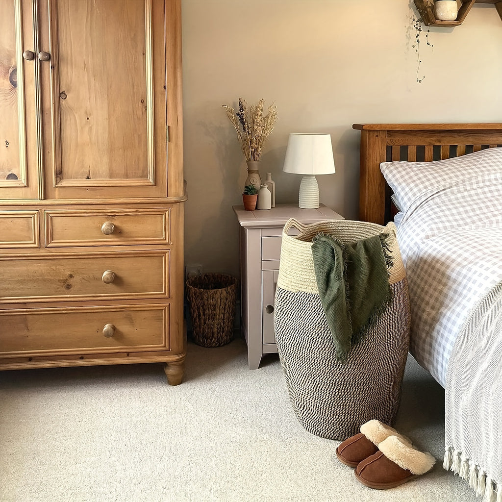 Cesto para ropa de yute natural estilo boho - Disponible en 4 colores, diseño alto, tejido con curvas elegantes y agarraderas