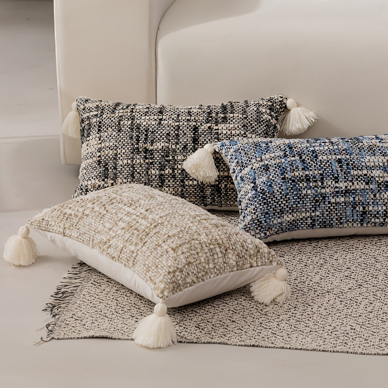 1 PIEZA - Funda de cojín bohemio vintage con franjas y borlas disponible en 5 colores. Diseño reversible en chenilla, Poliéster 100%, 30x50cm