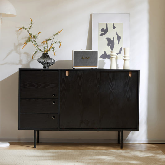 Aparador estilo industrial contemporáneo en negro con 2 puertas y 3 cajones – Patas metálicas de diseño