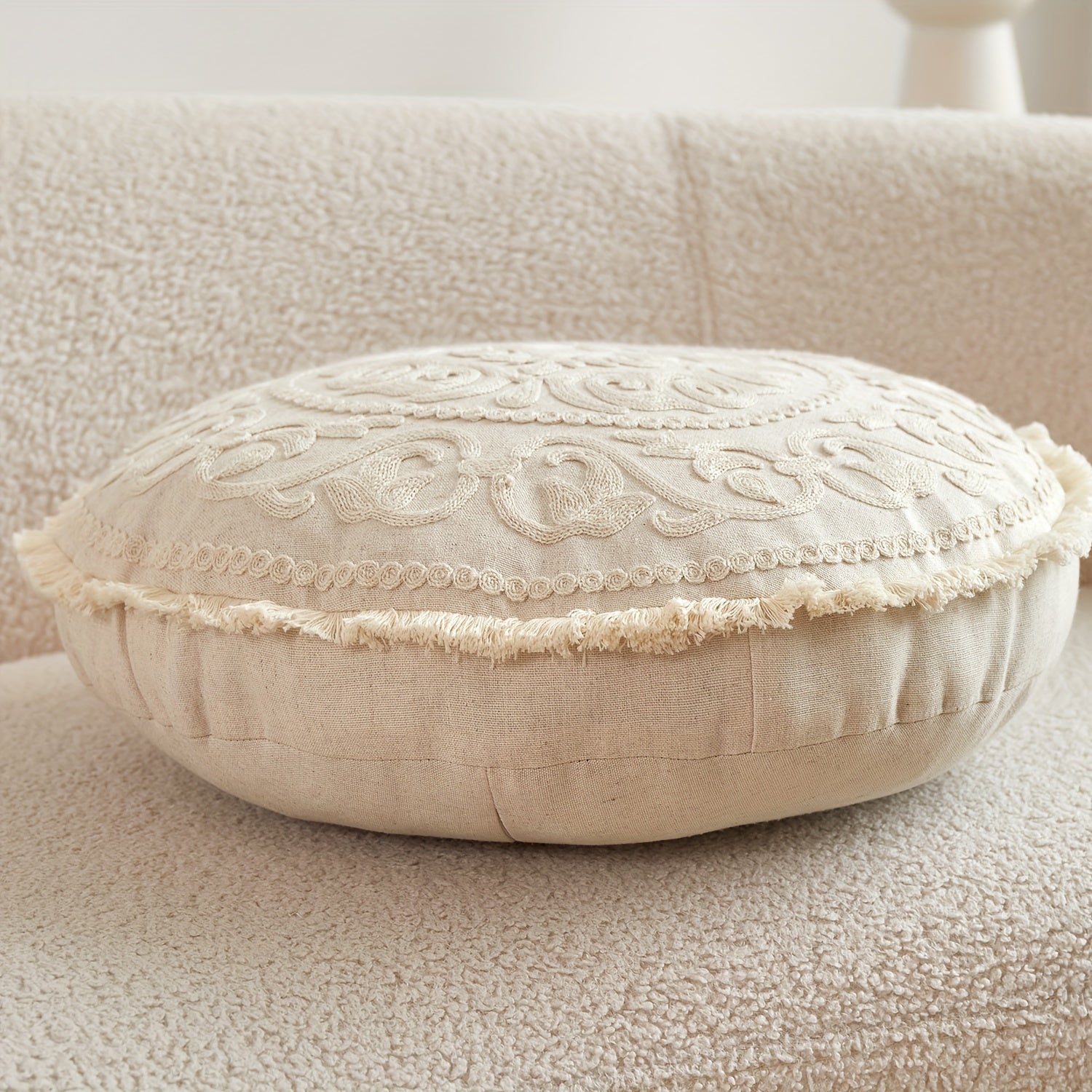Funda de cojín redonda estilo tradicional con bordado floral – Mezcla de lino y poliéster - Diámetro 43cm
