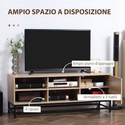 Mueble para TV móvil de estilo moderno para pantallas de hasta 60" con 4 estantes abiertos y gabinete de 2 niveles - MDF y acero en color madera y negro