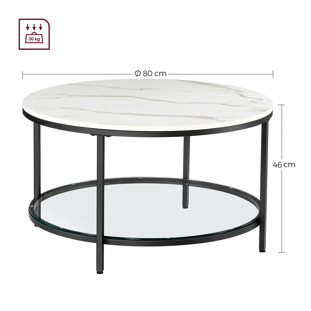 Mesa de centro redonda de estilo moderno disponible en tres variantes - Mármol de imitación, estante de vidrio templado y estructura metálica