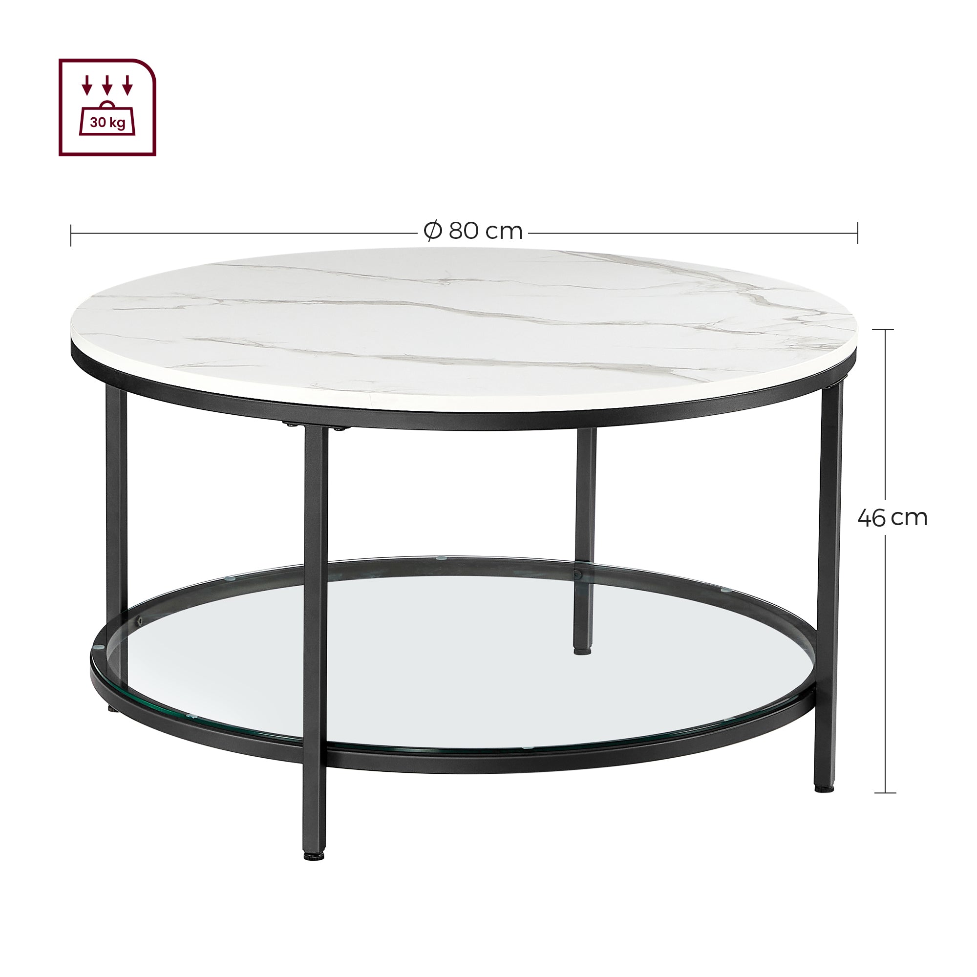 Mesa de centro redonda de estilo moderno disponible en tres variantes - Mármol de imitación, estante de vidrio templado y estructura metálica