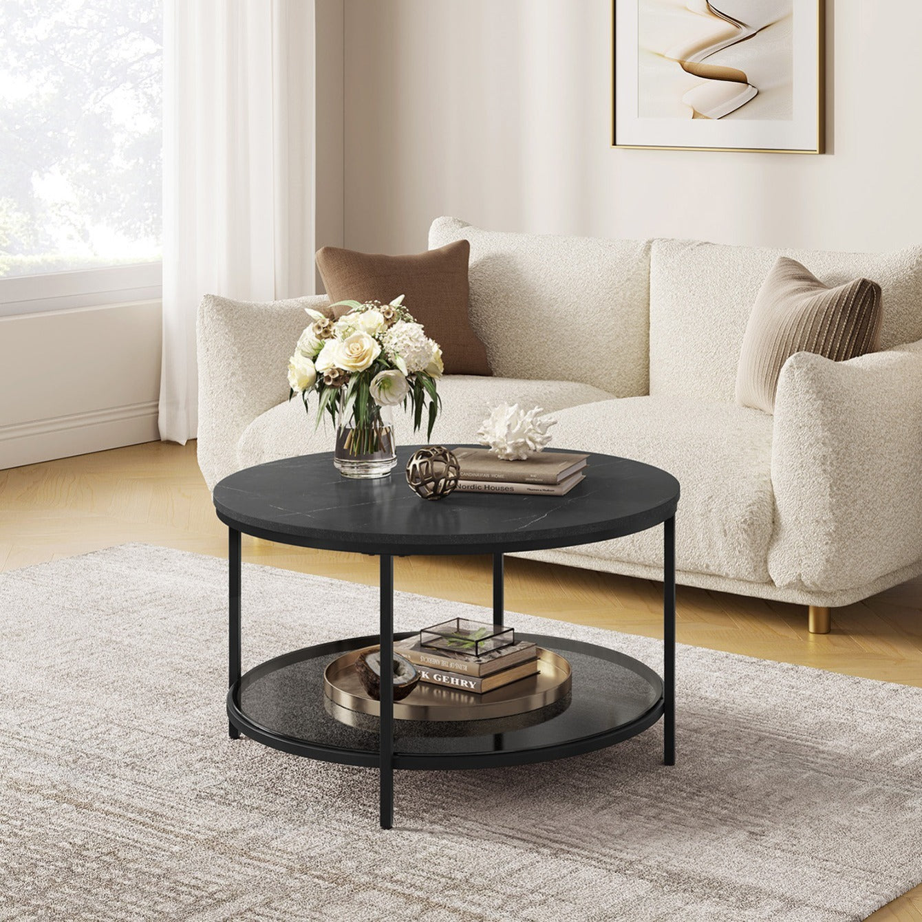 Mesa de centro redonda de estilo moderno disponible en tres variantes - Mármol de imitación, estante de vidrio templado y estructura metálica