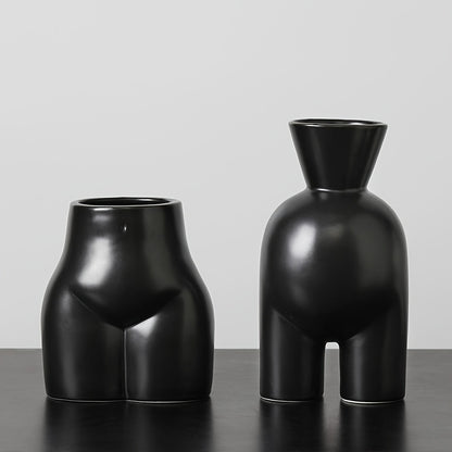 Jarrón decorativo de cerámica negro mate - Disponible en 2 formatos - Diseño de curvas suaves estilo Art Déco