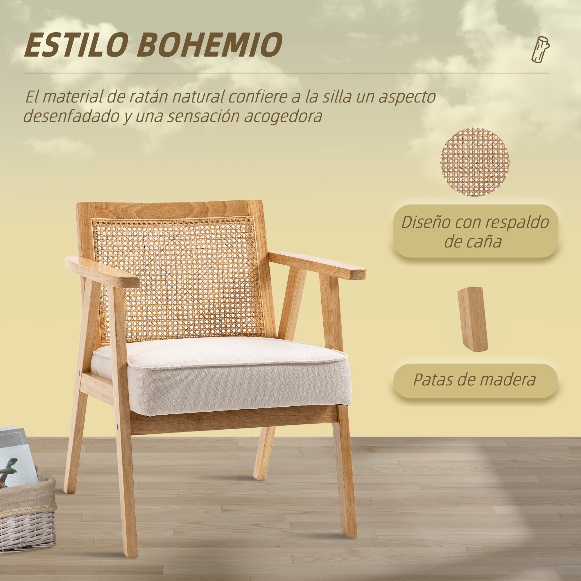 Sillón Lounge de estilo boho con respaldo de ratán y reposabrazos - Tapizado en tela con efecto lino y estructura de madera de caucho