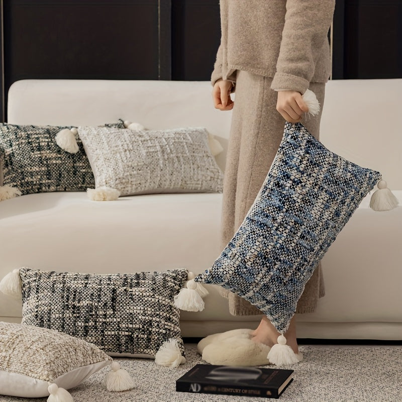 1 PIEZA - Funda de cojín bohemio vintage con franjas y borlas disponible en 5 colores. Diseño reversible en chenilla, Poliéster 100%, 30x50cm