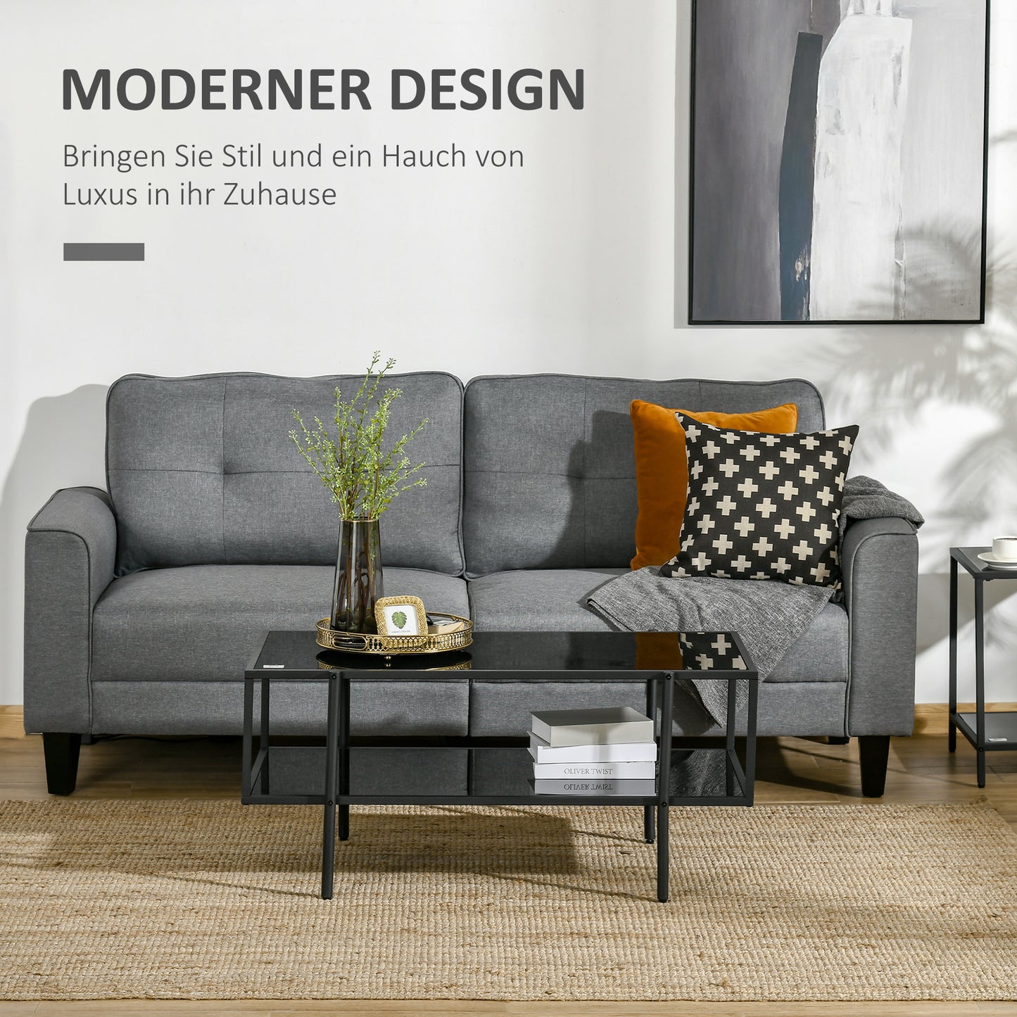 Mesa de centro para salón con dos niveles estilo contemporáneo / industrial / moderno - Diseño moderno en acero y vidrio negro