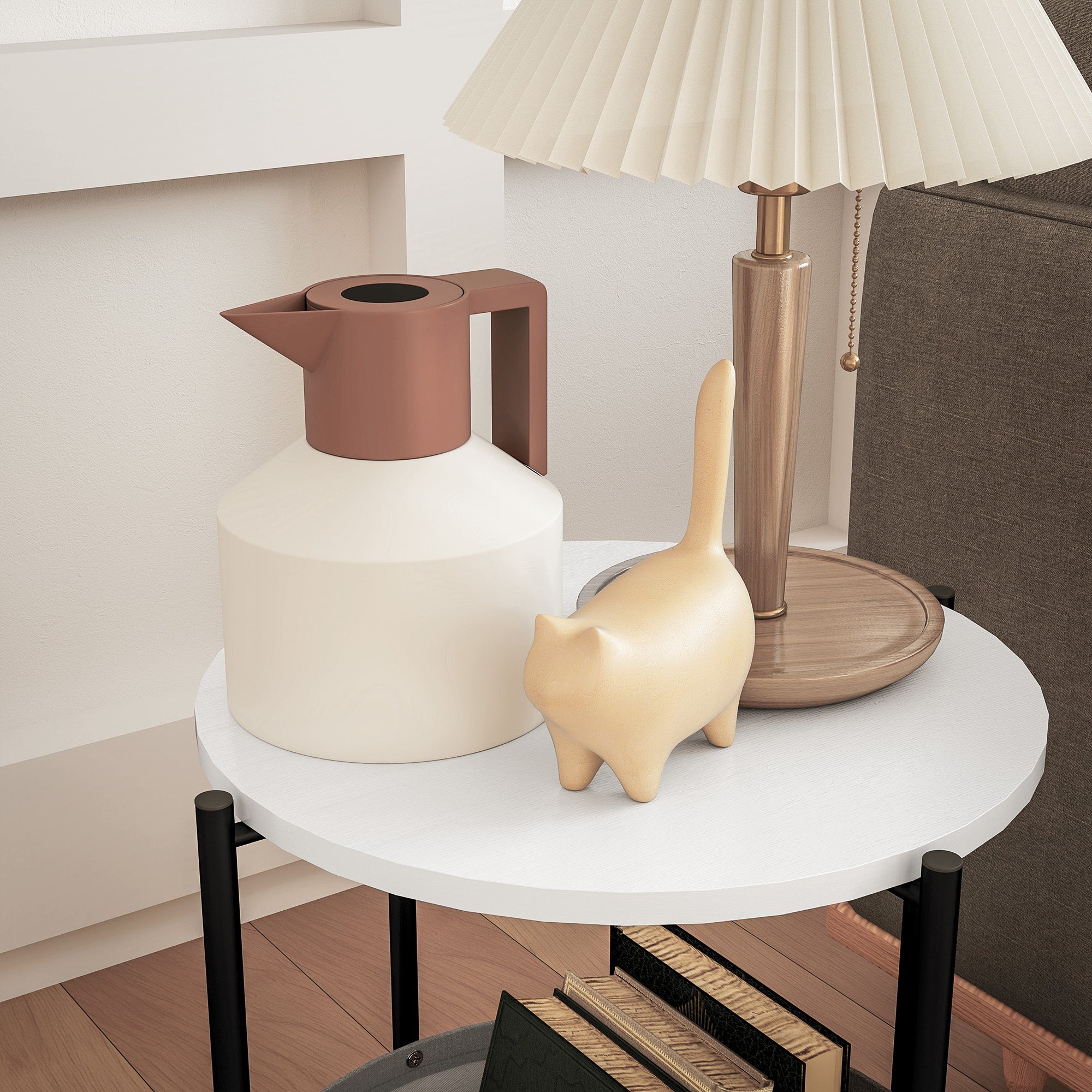 ¡CASI AGOTADO! Mesa auxiliar / lateral para salón o dormitorio con almacenamiento - Mesa redonda de café con canasta de tela - Estructura de metal negro, sobre blanco y tela gris, 44x44x56cm