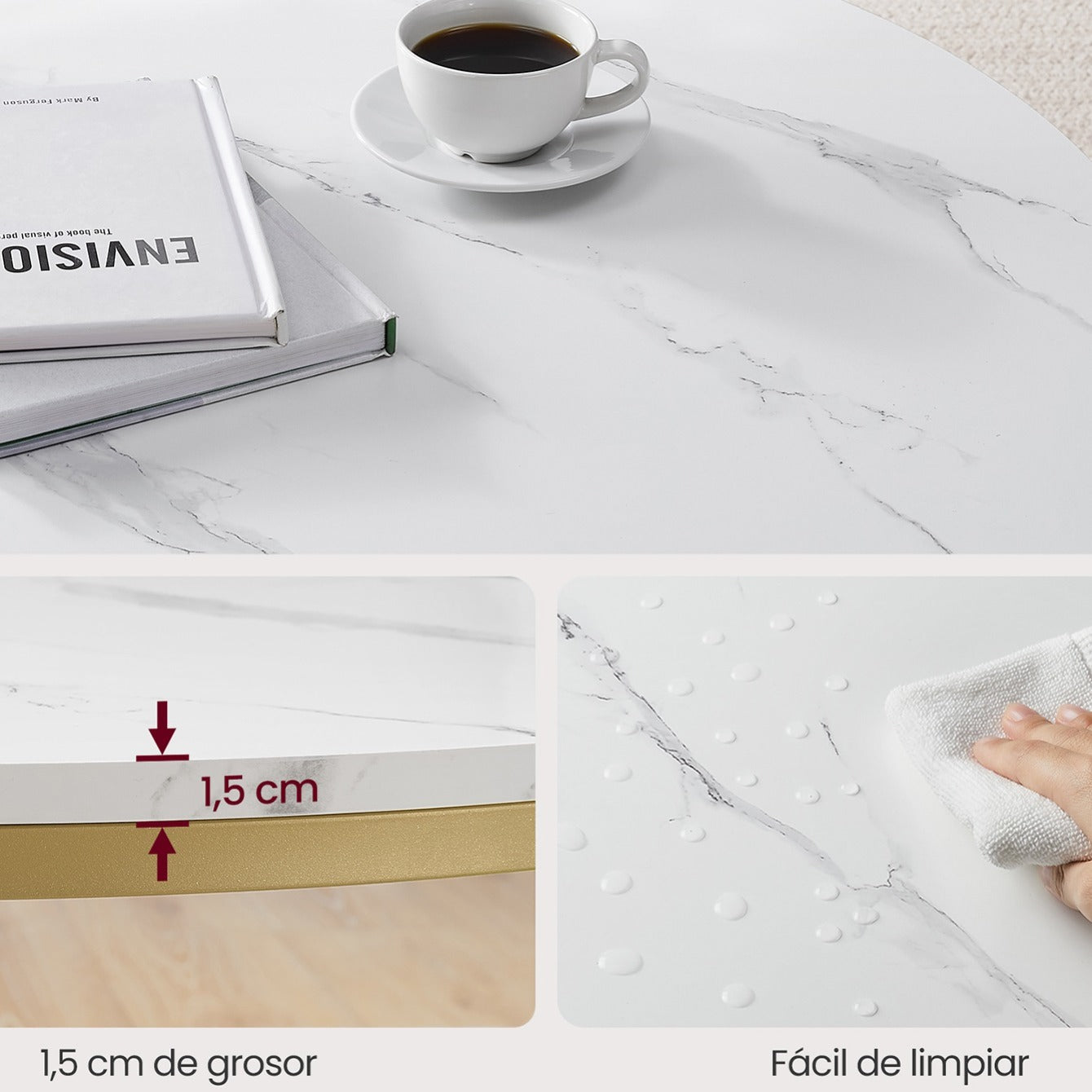 Mesa de centro redonda de estilo moderno disponible en tres variantes - Mármol de imitación, estante de vidrio templado y estructura metálica