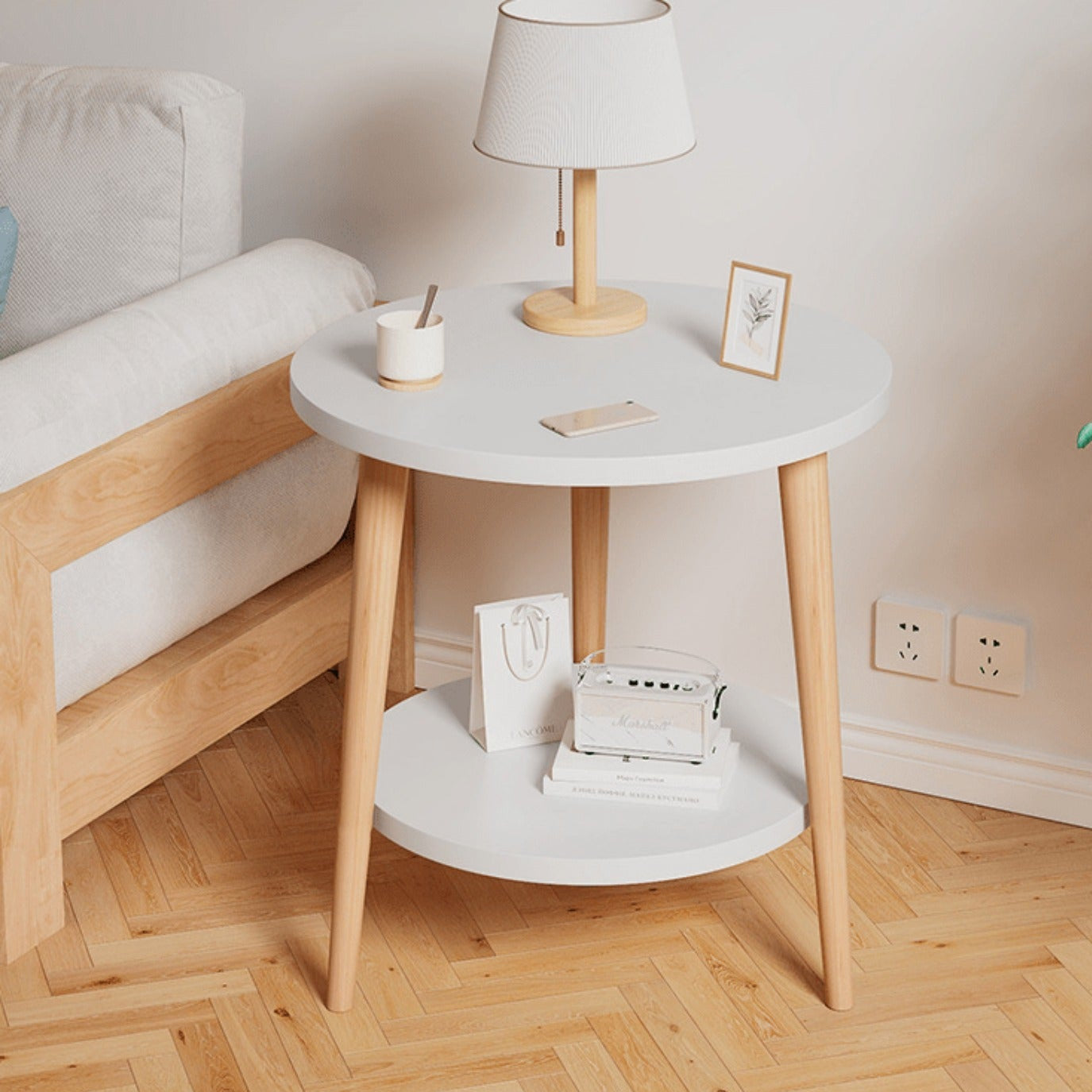Mesa de café redonda de dos niveles estilo nórdico - Madera maciza, diseño blanco y madera, ideal para mesita de noche o auxiliar, con estante en la base
