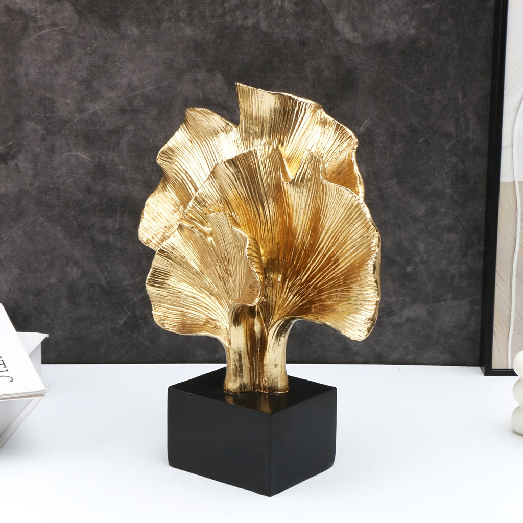 Escultura decorativa en resina - 3 Hojas de Ginkgo abstracta en dorado, arte elegante para interior