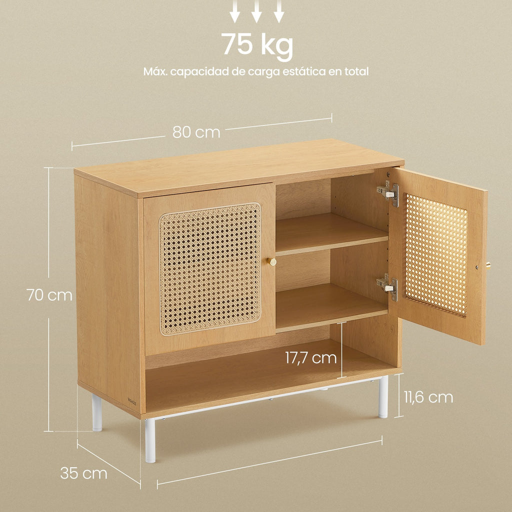 Zapatero de estilo boho con 3 niveles, puertas de ratán y estante ajustable - Madera y patas de acero