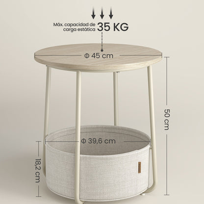 Mesa auxiliar / lateral para salón o dormitorio con almacenamiento disponible en tres colores - Mesa redonda de café con canasta de tela - Estructura de metal