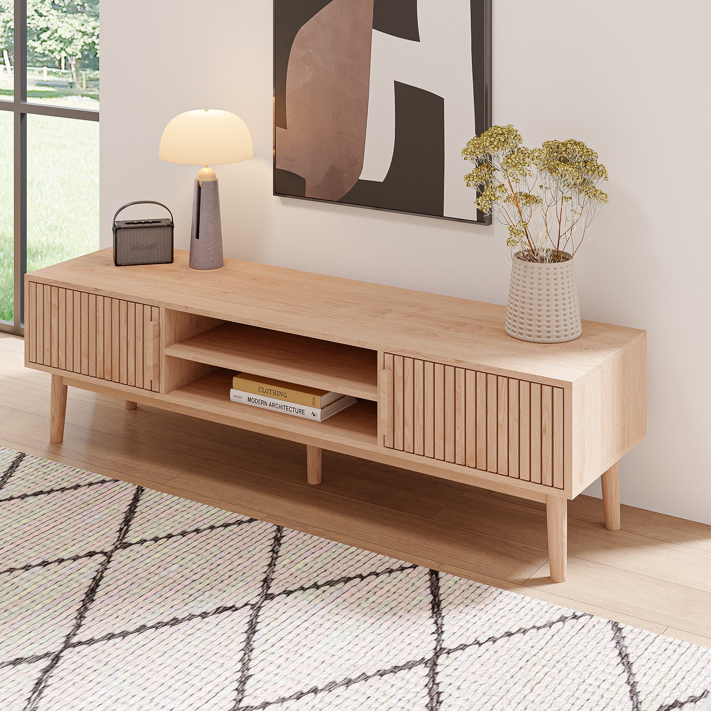 Mueble para TV multifuncional para pantallas de hasta 65” con estantes abiertos y almacenamiento modular - Madera industrial
