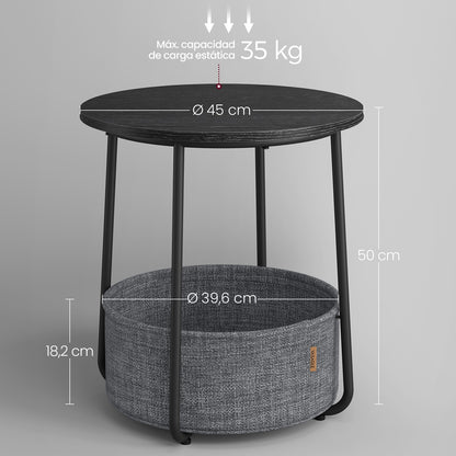 Mesa auxiliar / lateral para salón o dormitorio con almacenamiento disponible en tres colores - Mesa redonda de café con canasta de tela - Estructura de metal