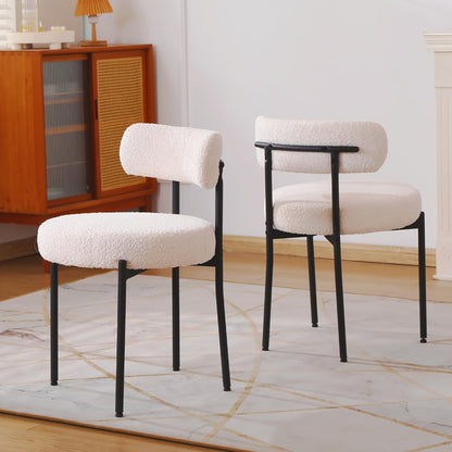 2 PIEZAS - Set de 2 sillas de comedor estilo mid century moderno minimalista con respaldo curvado - Bouclé blanco y marco de metal negro