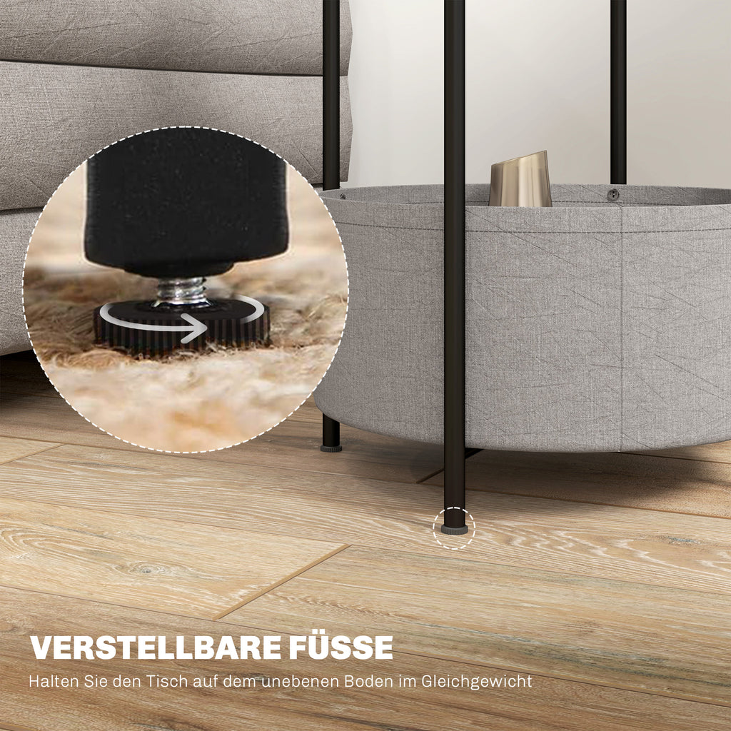 ¡CASI AGOTADO! Mesa auxiliar / lateral para salón o dormitorio con almacenamiento - Mesa redonda de café con canasta de tela - Estructura de metal negro, sobre blanco y tela gris, 44x44x56cm