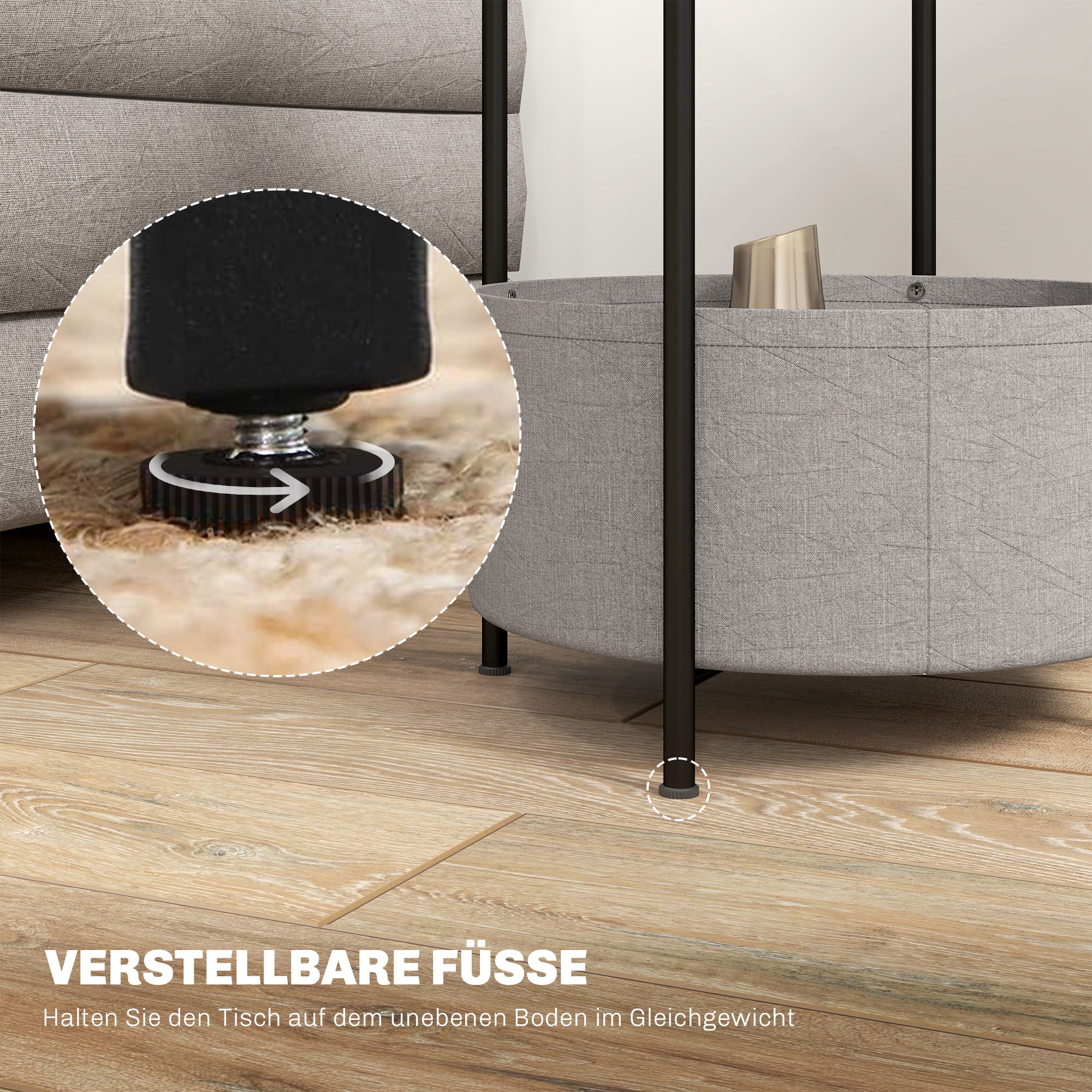 ¡CASI AGOTADO! Mesa auxiliar / lateral para salón o dormitorio con almacenamiento - Mesa redonda de café con canasta de tela - Estructura de metal negro, sobre blanco y tela gris, 44x44x56cm