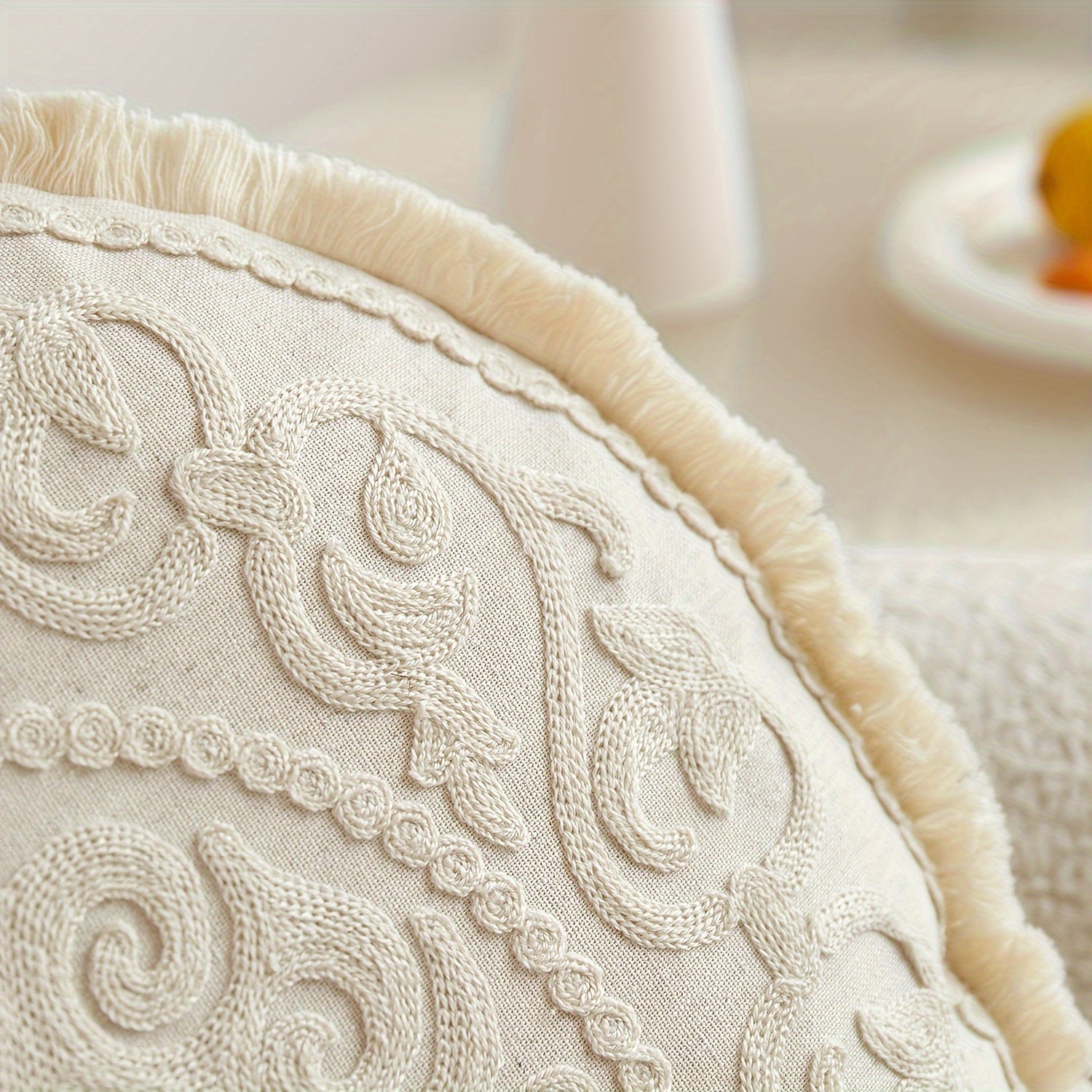 Funda de cojín redonda estilo tradicional con bordado floral – Mezcla de lino y poliéster - Diámetro 43cm