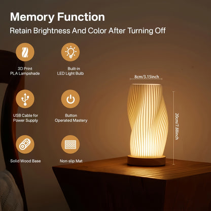 Lámpara de mesa con base de madera – Luz LED regulable con botón, ideal para dormitorio, salón, oficina o dormitorio universitario – Alimentación USB