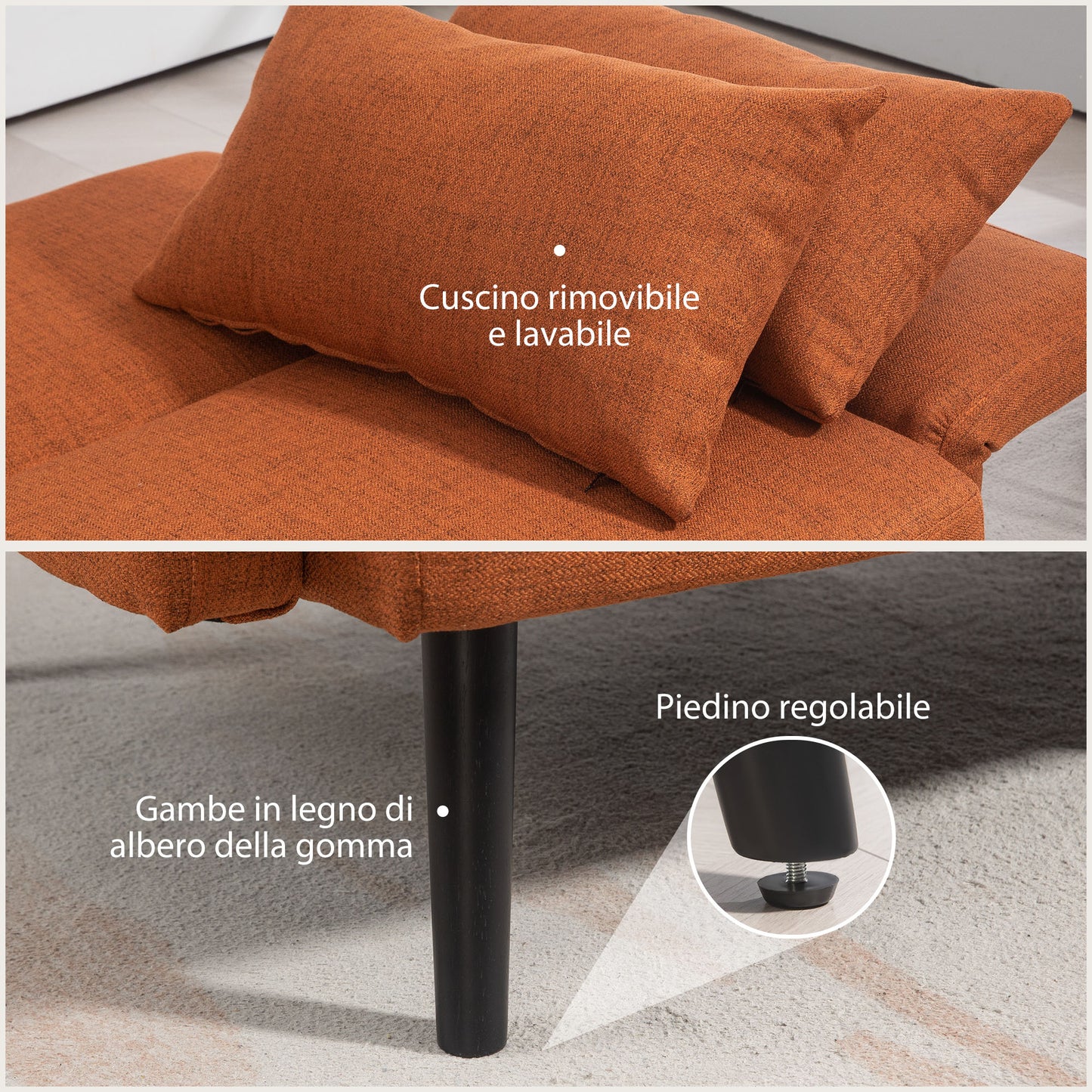 Sofá de dos plazas estilo moderno convertible en cama - Tejido efecto lino color coral, con reposabrazos y respaldo ajustables, incluye 2 cojines